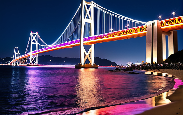 **Image Prompt:** Gwangan Bridge at night, illuminated with vibrant LED lights reflecting on the water, seen from Gwangalli Beach. Capture the dynamic color changes and the lively atmosphere of the surrounding area with people enjoying the view.
