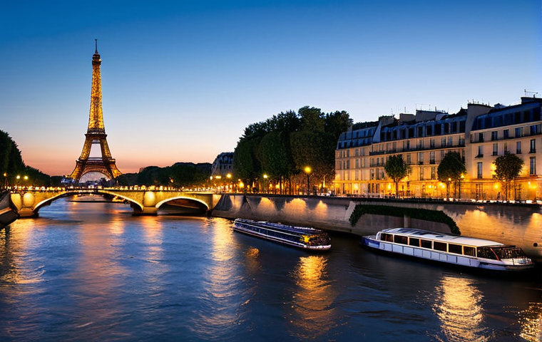 The Eiffel Tower at night during the 'Blue Hour' in Paris, brilliantly illuminated with thousands of warm, golden lights. The iconic landmark stands majestically against a deep twilight sky, with the Seine River reflecting its radiant glow and the city's charming rooftops in the background. The scene captures the transition from dusk to full sparkling illumination, evoking a sense of awe and magic. Professional photography, high-definition, cinematic lighting, ultra-detailed, safe for work, appropriate content, fully clothed, modest, family-friendly, perfect anatomy, correct proportions, natural pose.