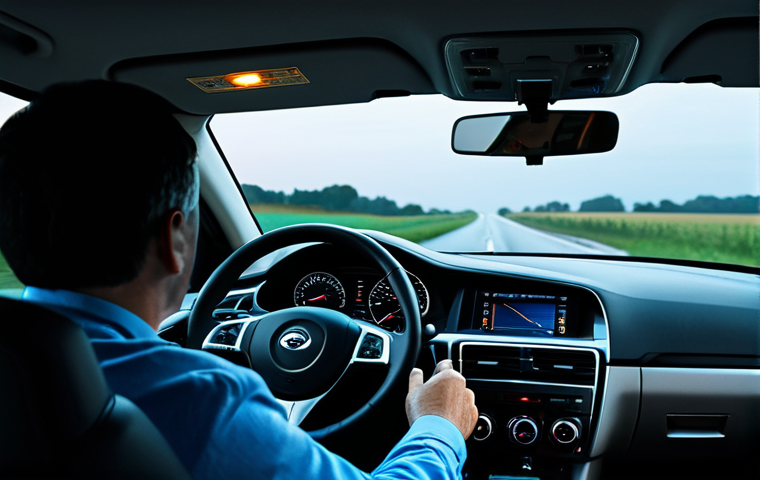 "A comfortable car interior at night, dashboard softly illuminated, showing the road ahead, countryside visible through the windshield, fully clothed driver focused on the road, safe for work, appropriate content, perfect anatomy, natural proportions, professional, modest, family-friendly, high quality."
