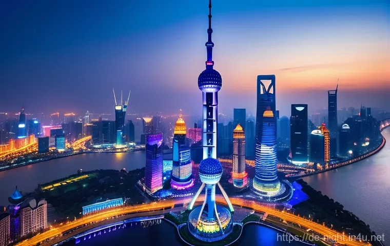 상하이 동방명주 야경 - A stunning, high-definition panoramic view of the Oriental Pearl Tower standing majestically against...