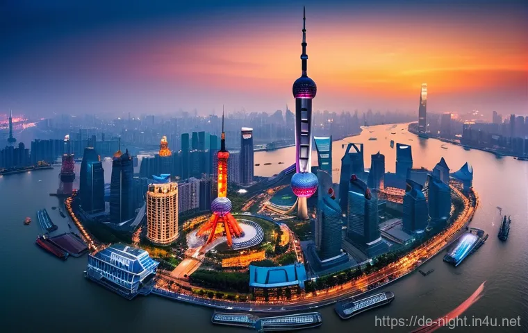 상하이 동방명주 야경 - A stunning, high-definition panoramic view of the Oriental Pearl Tower standing majestically against...
