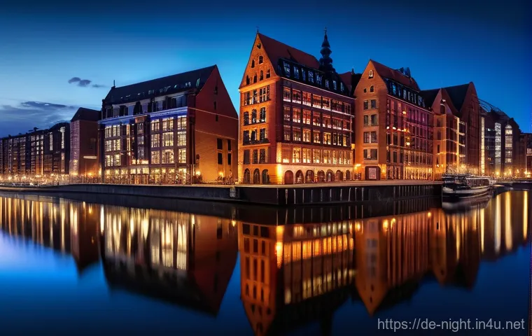 야경의 예술적 가치 - **Enchanted Hanseatic Night:** A wide-angle, cinematic photograph of Hamburg's Speicherstadt at deep...