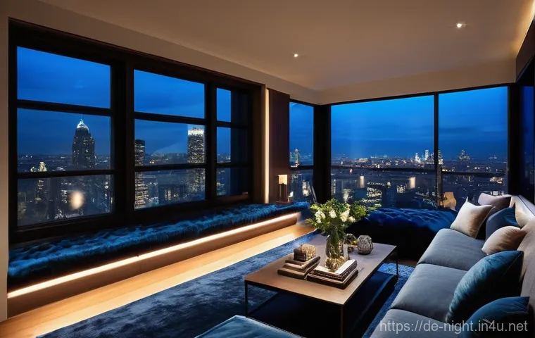 야경을 활용한 인테리어 - **Urban Night Serenity: Cozy Living Room with City Reflections**
    "A meticulously designed, cozy ...