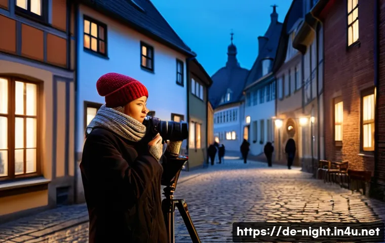 야경 촬영 시 법적 주의사항 - **Prompt:** A skilled, respectful female photographer in her late 20s, dressed warmly in a stylish w...