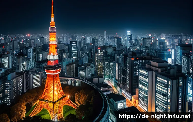 도쿄 타워 야경 - A wide-angle, highly detailed photograph of the iconic Tokyo Tower at night, glowing a vibrant, warm...