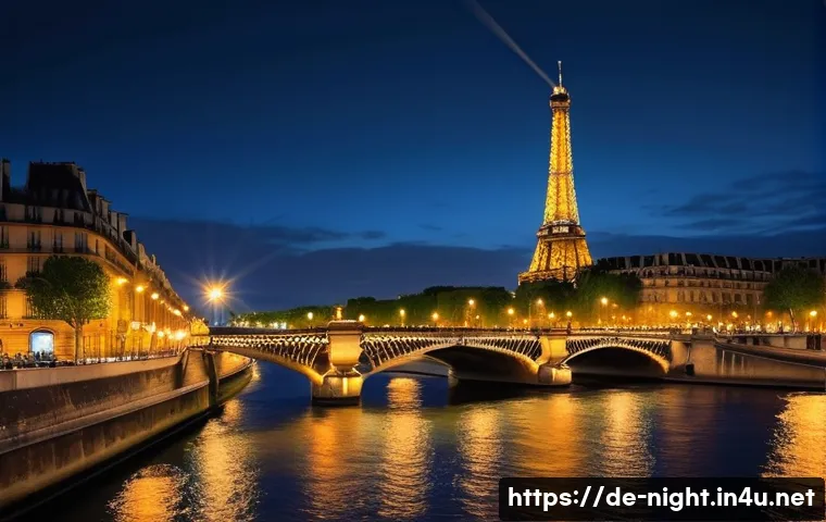 야경이 유명한 여행지 - **Prompt:** A picturesque nighttime scene in Paris. A elegant, open-air boat glides smoothly along t...