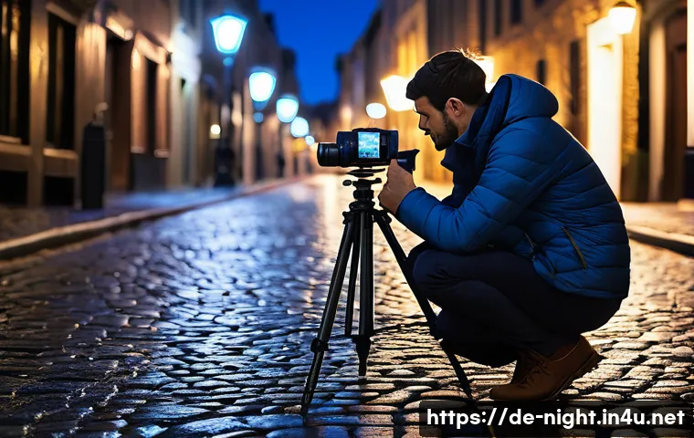 야경 촬영 중 흔들림 방지 - A nighttime urban photographer setting up a lightweight carbon fiber tripod on a cobblestone street ...