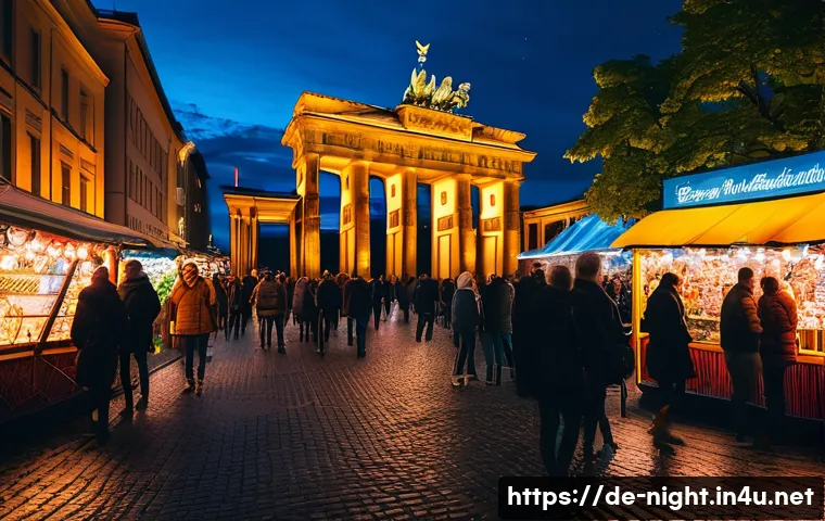 야경과 야간 명소 콜라보 - A vibrant nighttime urban scene in Berlin featuring the illuminated Brandenburg Gate and the lively ...