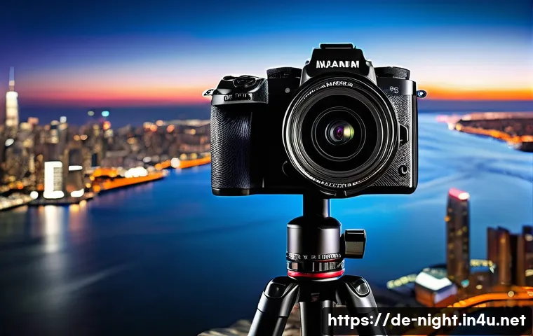 야경 촬영 장비 리뷰 - A professional nighttime cityscape photography setup featuring a mirrorless camera mounted on a slee...