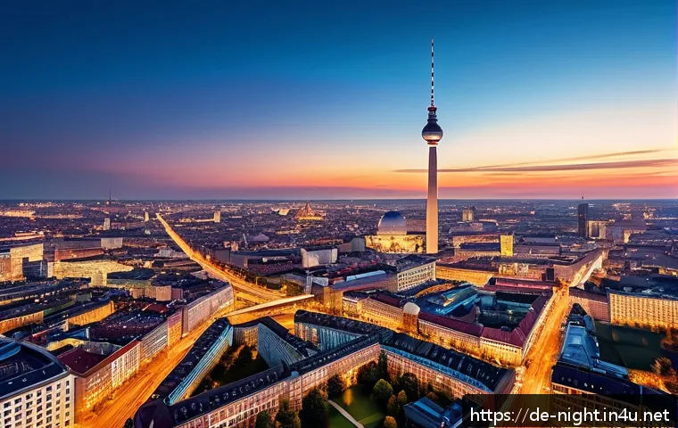 야경 명소 실시간 검색 - A breathtaking panoramic night view from the Berlin TV Tower overlooking the city bathed in warm gol...