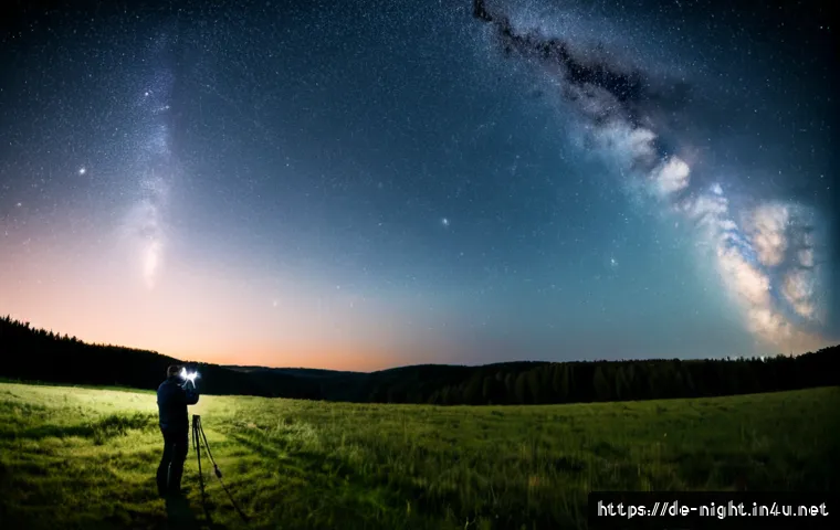 밤하늘 별자리 촬영 - Photorealistic night landscape in Germany’s Eifel dark-sky countryside, a lone adult photographer in...